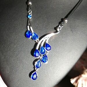 Elegant Silver and Blue Teardrop On Leather Double Strings Necklace 17"-19" Long